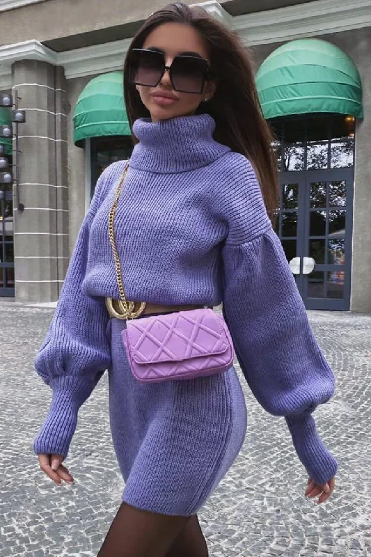 Trendy Casuals Bishop Sleeve Turtleneck Winter Sweater Midi Dress - Purple