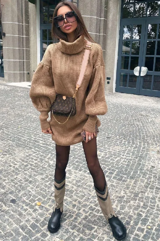 Soft Clothing Bishop Sleeve Turtleneck Winter Sweater Mini Dress - Camel