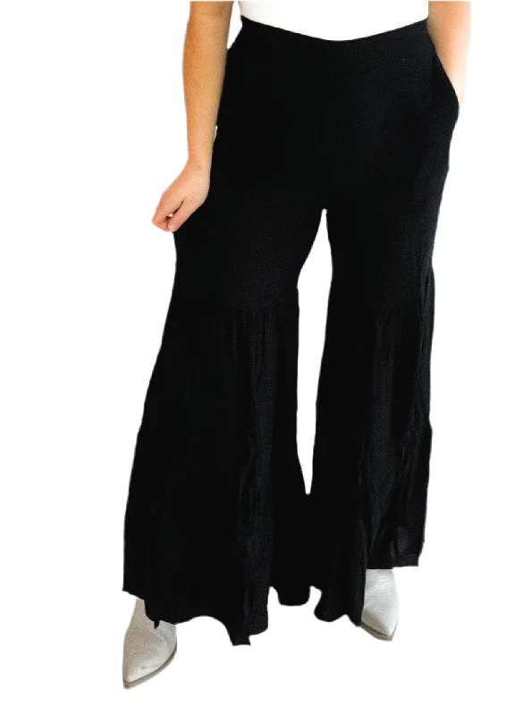 Black Tiered Ruffle High Waisted Wide-Leg Pants