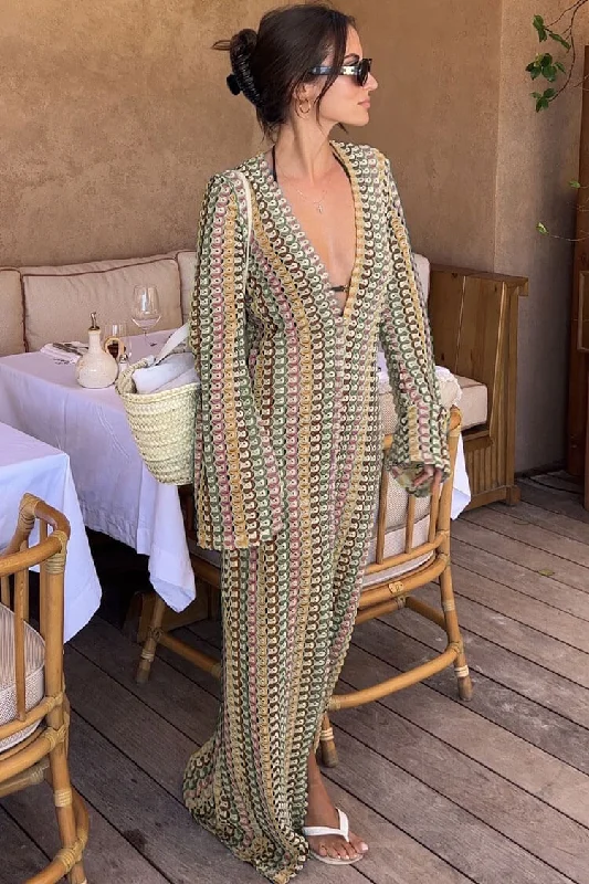 Modernism Boho V Neck Bell Sleeve Wavy Striped Crochet Beach Vacation Maxi Dress - Brown