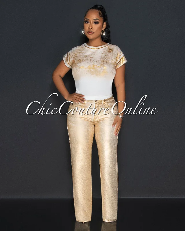 Free And Comfortable Caline White Gold Foil Wide Jeans