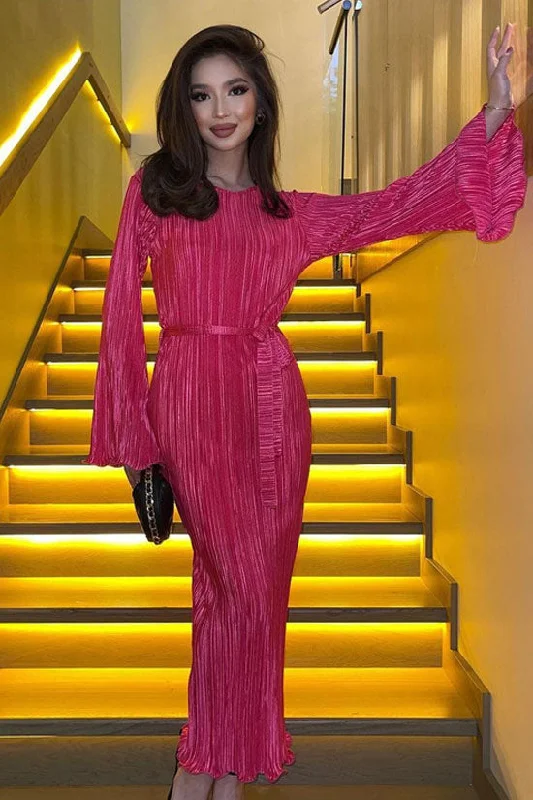 Easy Fashion Celebrity Style Crew Neck Bell Sleeve Shift Pleated Maxi Dress - Hot Pink