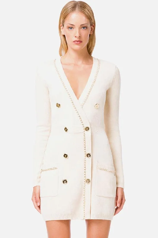 Summer Comfort Chained Deep V Long Sleeve Buttoned Sweater Mini Dress - Cream