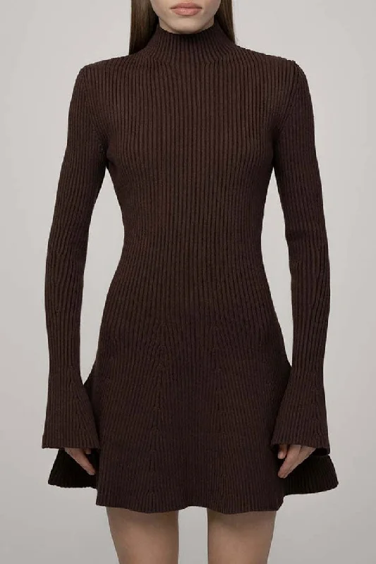 Comfort Fit Chic High Neck Flared Long Sleeve Rib Knit Winter Sweater Mini Dress - Coffee