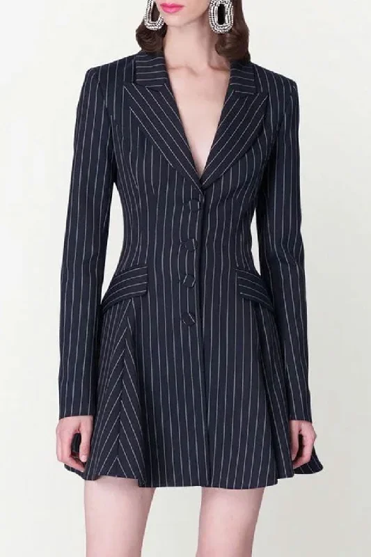 Design Must-have Classic Lapel Button Front Fit & Flare Striped Blazer Mini Dress - Navy Blue