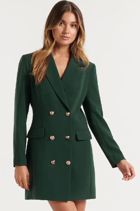 Fresh And Elegant Classic Lapel Collar Double Breasted Blazer Mini Dress - Emerald Green