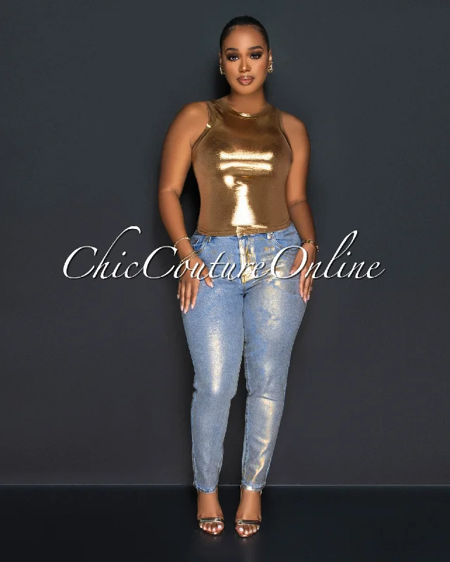 Exquisite Tailoring Cobbs Light Denim Gold Foil Skinny Jeans
