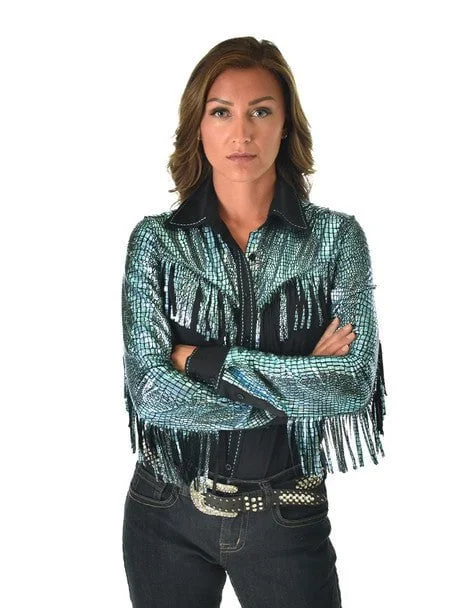 Stretch Design Cowgirl Tuff Womens Breathe Pullover Black/Turquoise Nylon L/S Shirt XL