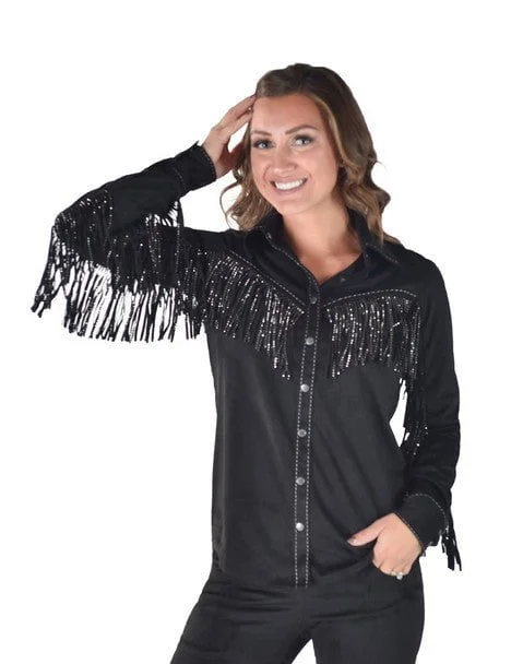 Street Charm Cowgirl Tuff Womens Crystal Fringe Black Polyester L/S Shirt XL