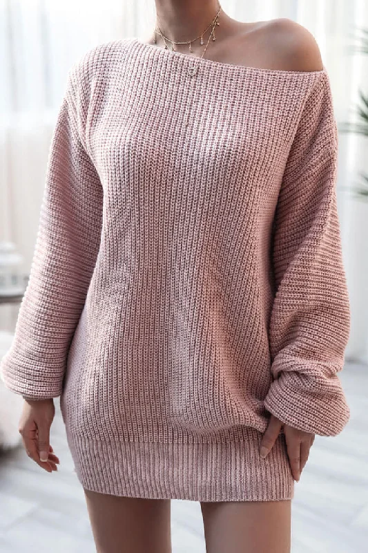 Comfortable Looks Cozy Winter Boat Neck Long Sleeve Textured Sweater Mini Dress - Pink