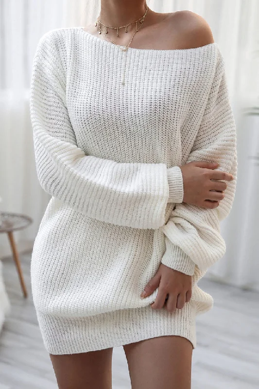 Trendy Items Cozy Winter Boat Neck Long Sleeve Textured Sweater Mini Dress - White