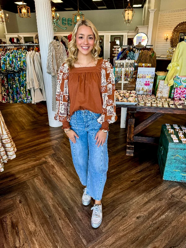 Layered Style Crochet Lace Sleeve Top: Chestnut