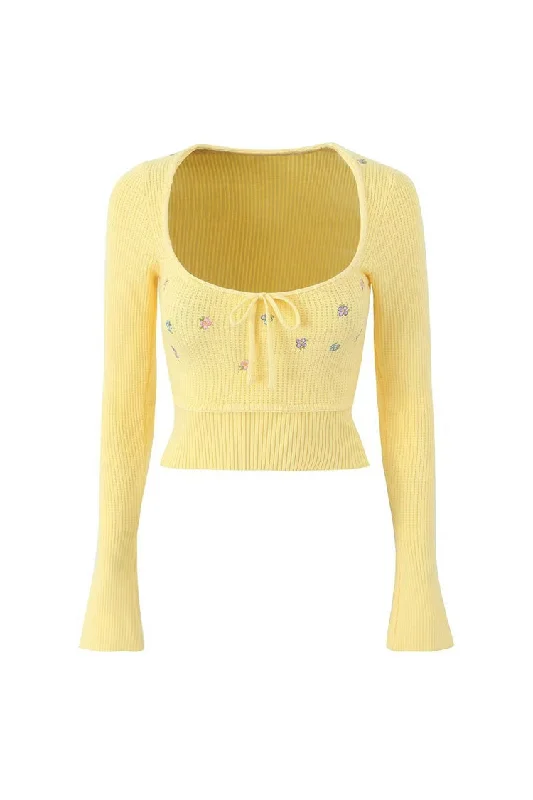 Casual Chic Wear Cute Tie Neck Floral Embroidery Long Sleeve Crop Ribbed Knit Sweater