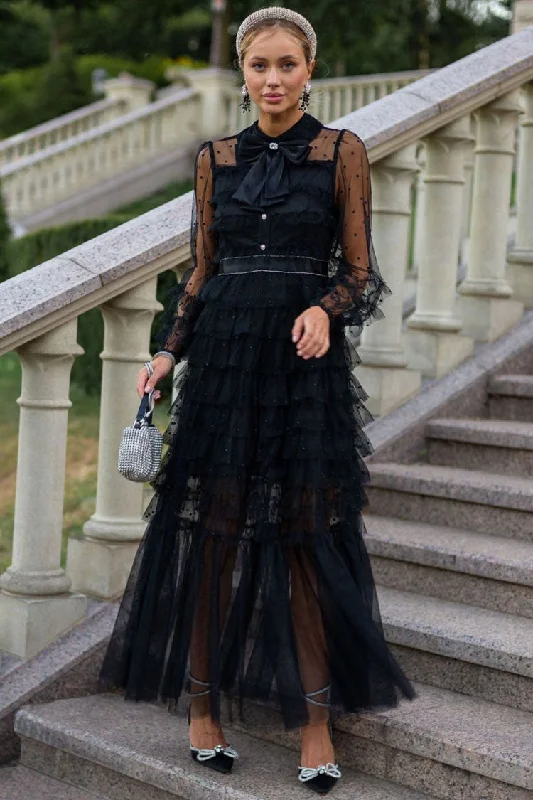 Fashionable Ease Elegant Bow Tie Collared Glitter Dotted Tulle Tiered Ruffle Gown Dress - Black