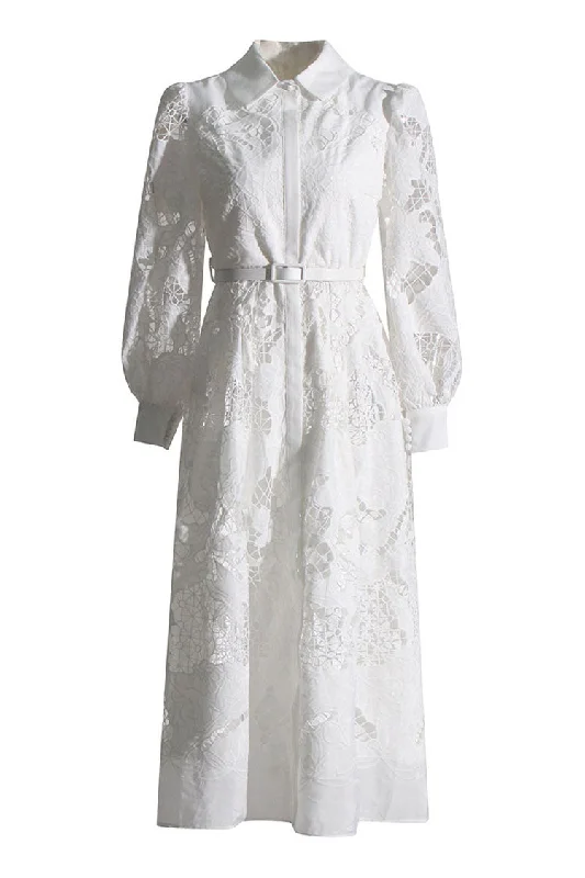 High-quality Design Elegant Collared Button Up Floral Cutwork Bishop Sleeve Shirt Midi Dress