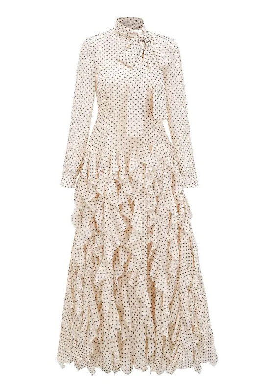 Soft Textures Elegant Polka Dot Tie Neck Long Sleeve Chiffon Ruffle Tiered Evening Maxi Dress