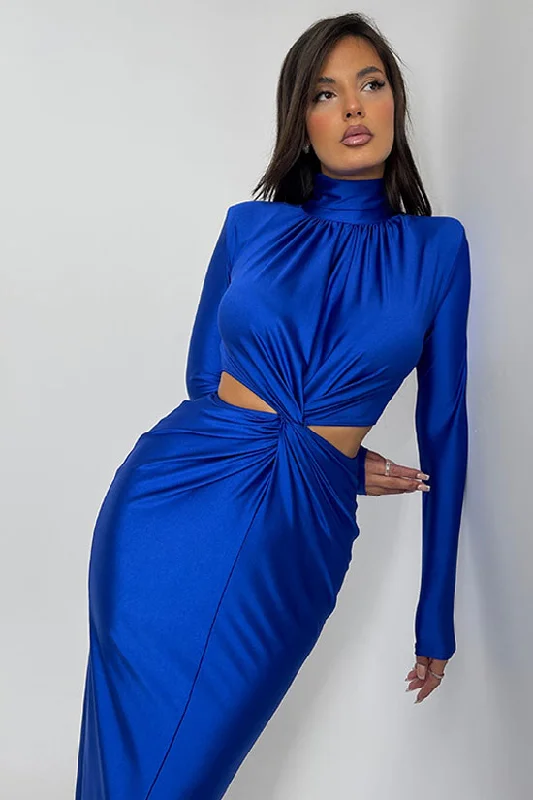 Layered Style Elegant Rhinestone Twist Cutout Waist Long Sleeve Cocktail Midi Dress - Blue
