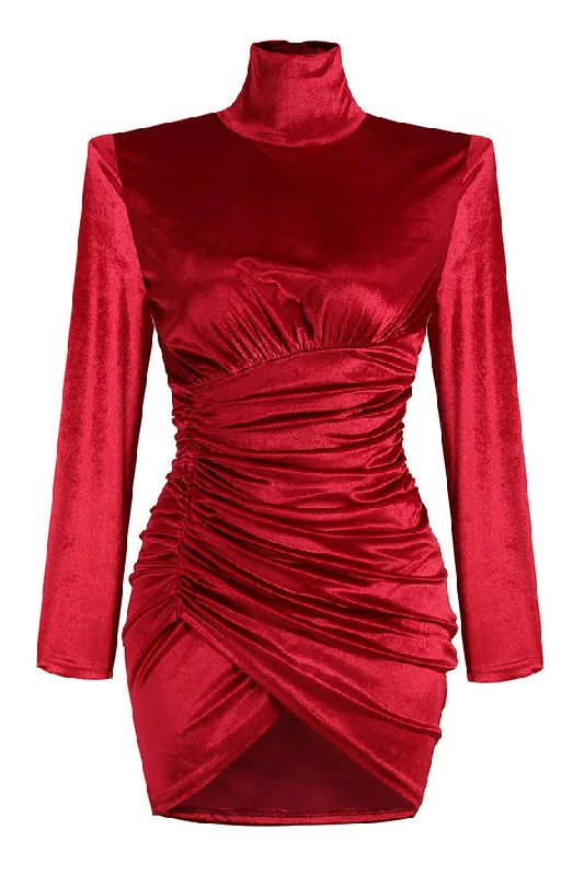 Fashionable And Fashionable Elegant Turtleneck Long Sleeve Ruched Velvet Cocktail Party Dress - Hot Pink