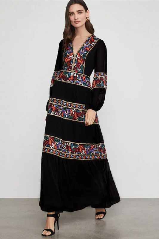 Classic Series Embroidered V Neck Long Sleeve Boho Chic Maxi Dress - Black