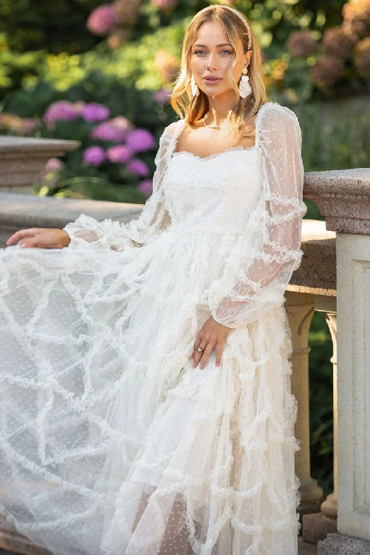 Comfortable Fashion Fairytale Sweetheart Belted Dotted Tulle Layered Ruffle Maxi Gown Dress - Beige