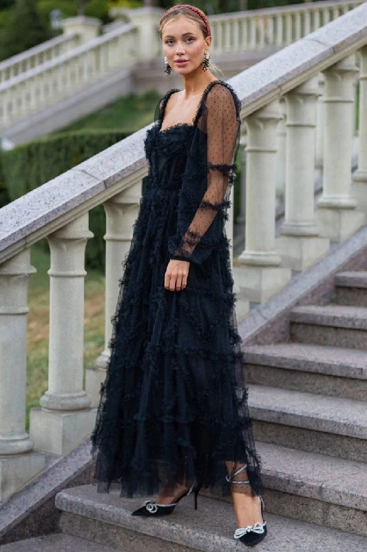 Cozy Chic Fairytale Sweetheart Belted Dotted Tulle Layered Ruffle Maxi Gown Dress - Black