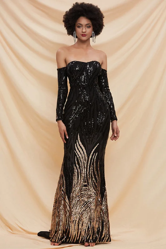 Chic Relaxation Fancy Sequin Slit Long Sleeve Off Shoulder Maxi Evening Dress - Black