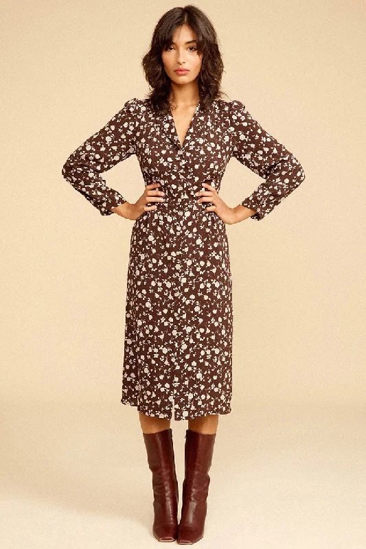 Cozy Dress Floral Print Long Sleeve Button Up French Shirt Midi Dress - Coffee