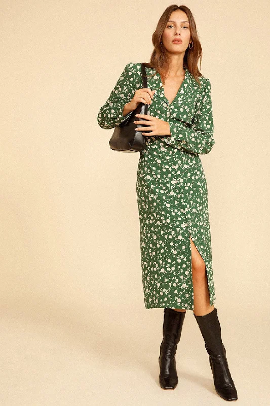 Relaxed Fit Floral Print Long Sleeve Button Up French Shirt Midi Dress - Green