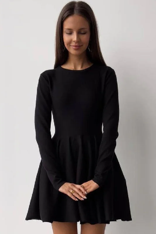Integrated Design Flowy French Style Crew Neck Long Sleeve Fit and Flare Sweater Mini Dress - Black