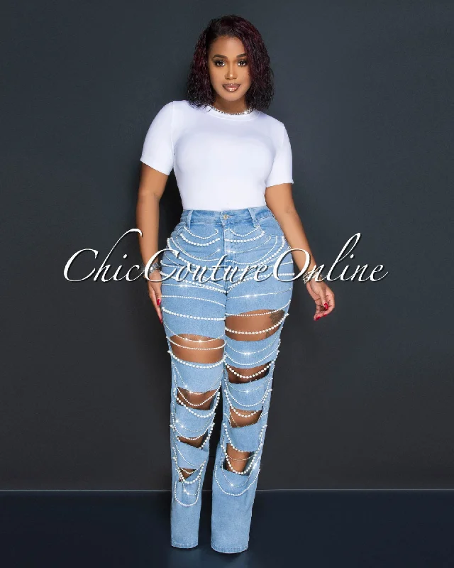 Fashion Must-have Fosler Light Denim Pearl & Rhinestones Destroyed Jeans