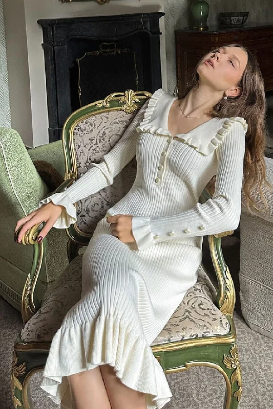 Retro Design French Peter Pan Collar Half Button Ruffle Long Sleeve Sweater Midi Dress - Cream