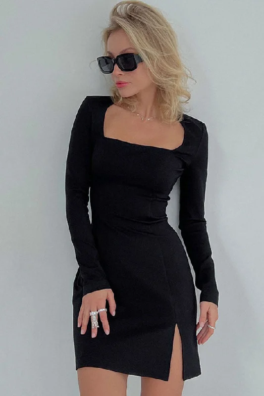 Fashion Concept French Style Square Neck Long Sleeve Split Bodycon Party Mini Dress - Black