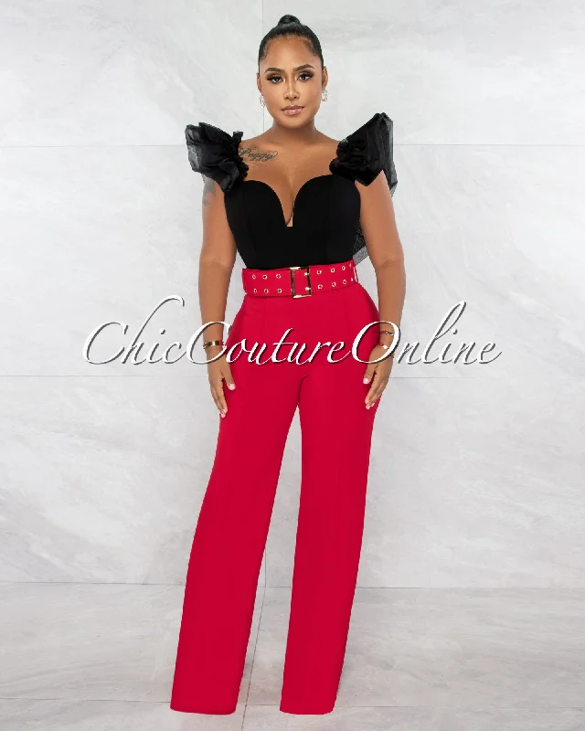 Breezy Style Gazella Red Gold Buckle Belt High Waist Palazzo Pants