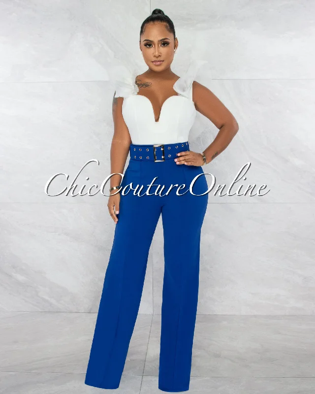 Weekend Wear Gazella Royal Blue Gold Buckle Belt High Waist Palazzo Pants