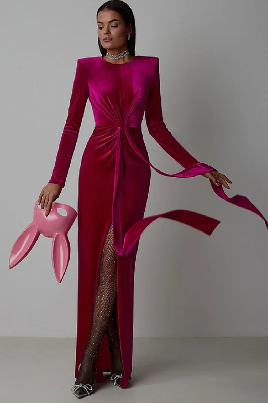 Comfortable Tops Glamorous Long Sleeve Twist Draped Front Split Velvet Evening Maxi Dress - Rose
