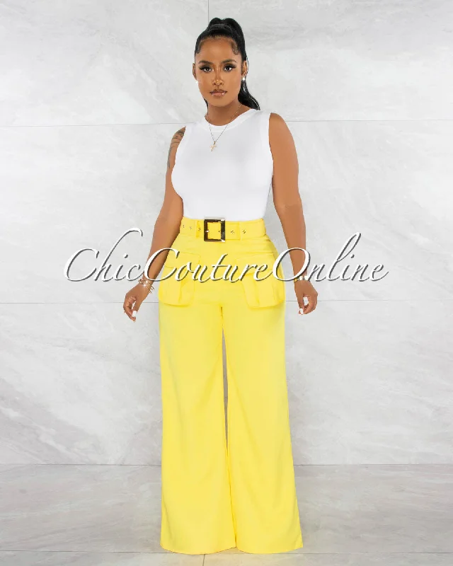 Smart Comfort Harsha Yellow Gold Buckle Belt Cargo Pockets Wide Pants