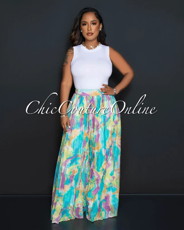 Comfortable Outfits Iranick Green Multi-Color Print Pleated Wide Pants