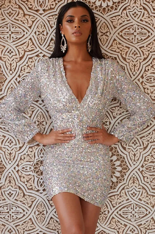 High Street Fashion Iridescence Long Sleeve V Neck Bodycon Sequin Mini Dress - Multicolor