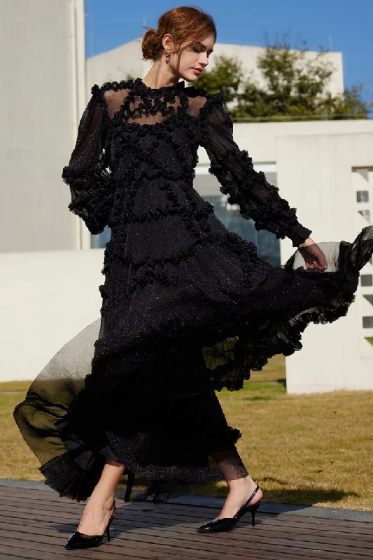All-Day Comfort Iridescent Frill Neck Bishop Sleeve Ruffle Tulle Evening Maxi Dress - Black