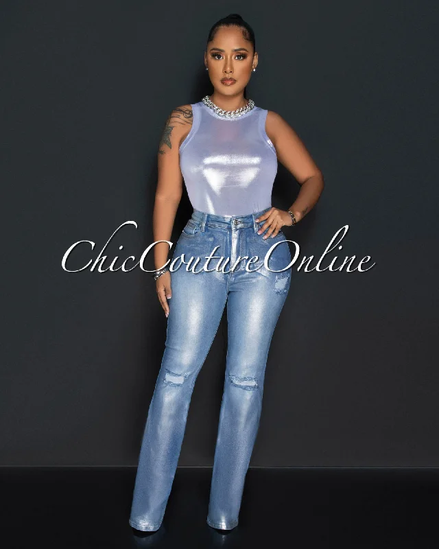 Economic Outlook Irwin Light Denim Silver Foil Bell Legs Jeans