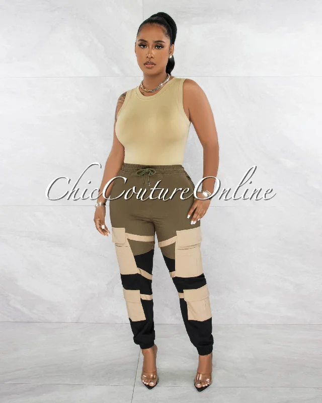 All-Day Comfort Karry Olive Black Nude Straps Cargo Jogger Pants