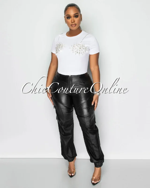 Fashionable Items Khris Black Vegan Leather Shimmer Cargo Pants