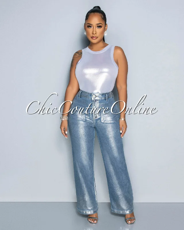 Classic Design Laida Blue Denim Silver Foil Wide Jeans