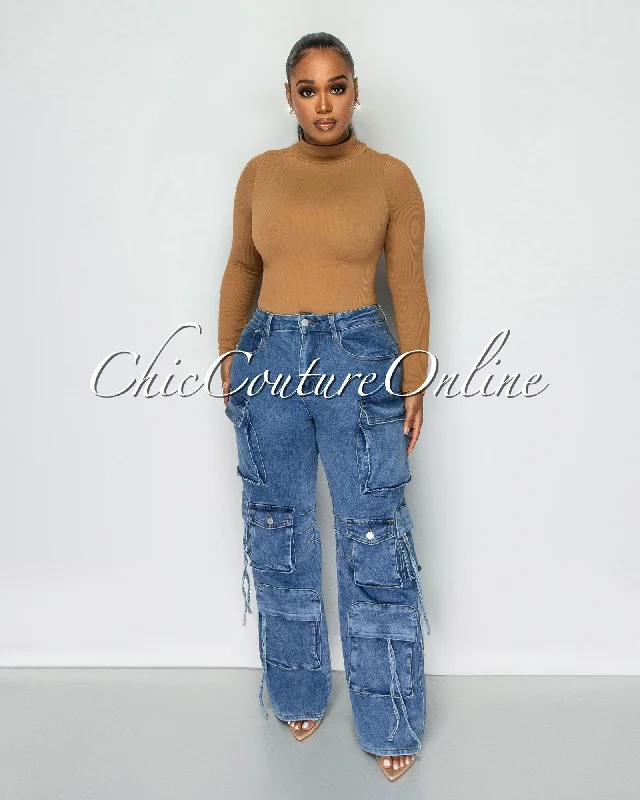 Elegant Outline Lehman Medium Denim Wide Cargo Jeans
