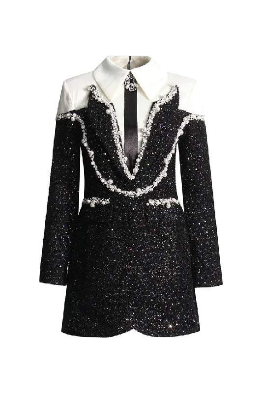 Modern Comfort Luxury Crystal Choker Satin Tweed Pearl & Sequin Bodycon Party Mini Dress