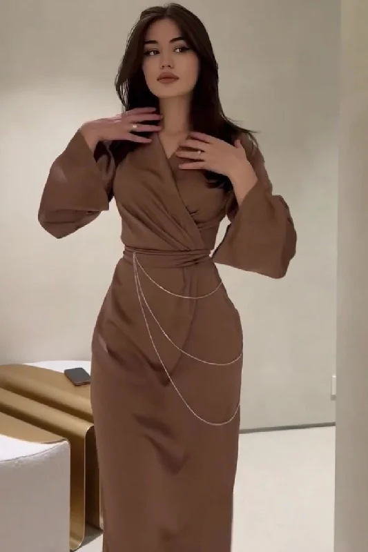 Modern Chic Luxury Wrap V Neck Rhinestone Chain Belted Silky Satin Maxi Dress - Brown