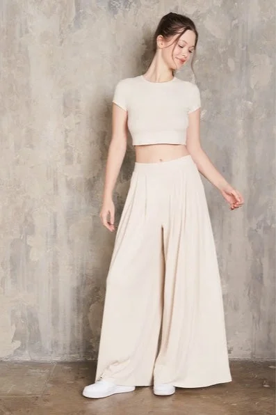 Maronie Rib Knit Pleated Wide Leg Pants