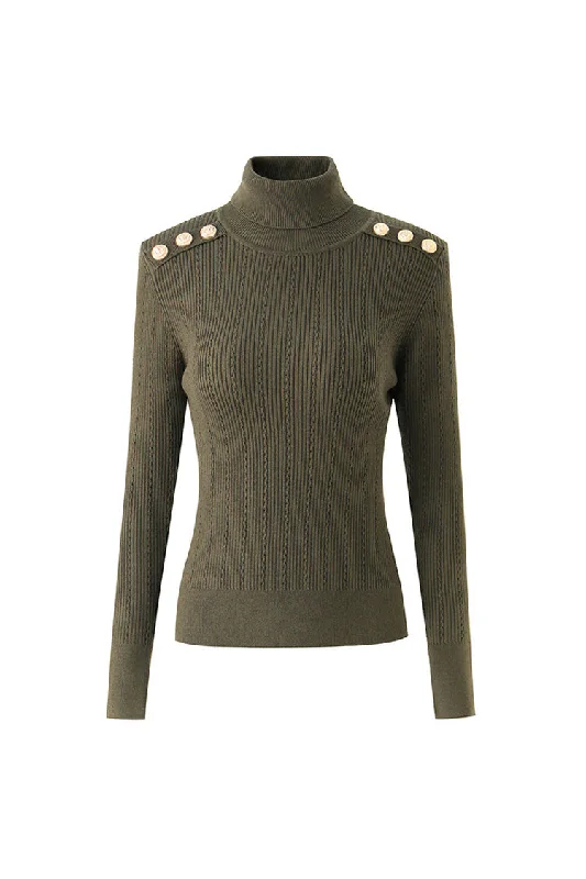 Effortless Elegance Metallic Button Long Sleeve Wool Blend Turtleneck Ribbed Knit Sweater