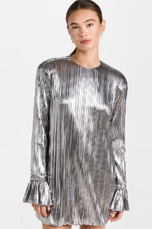 Classic Design Metallic Shoulder Pad Long Sleeve Shift Pleated Mini Dress - Silver