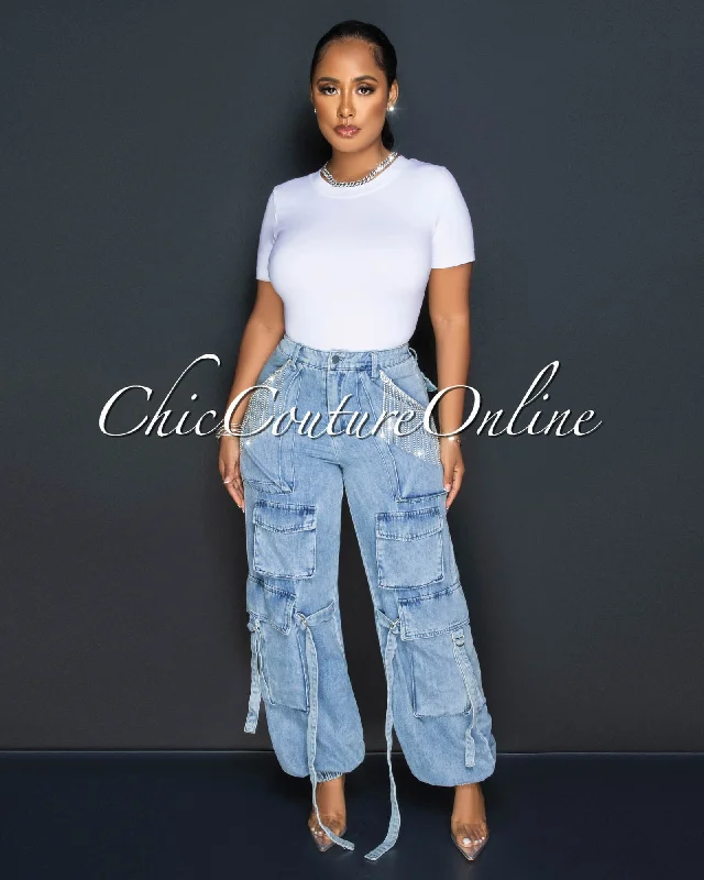 Fashion Must-have Odella Medium Blue Rhinestones Cargo Jeans